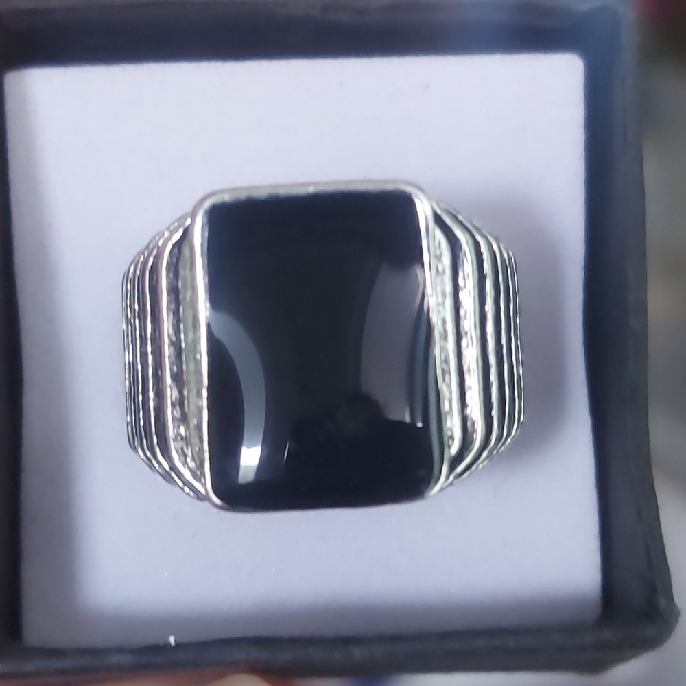 Black Silver Statement Ring with Textured Band